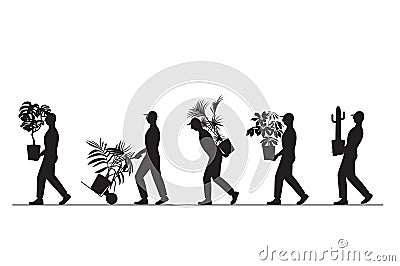 Vector illustration silhouette of a group of workers carrying houseplants in pots, moving to a new house, moving office, courier d Stock Photo